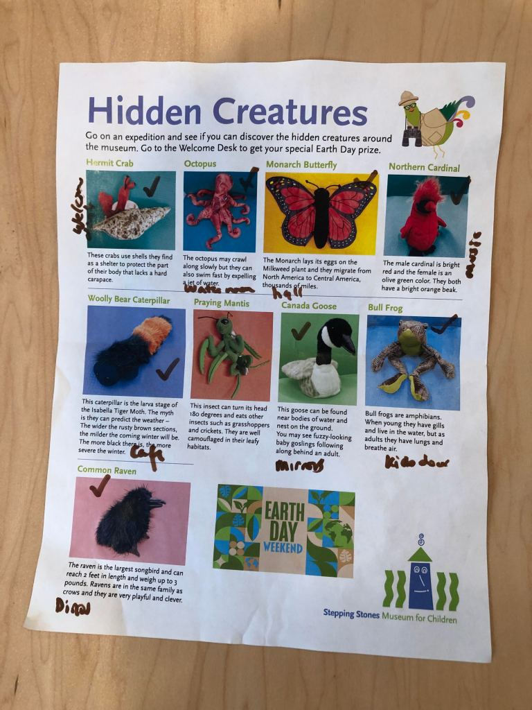 Earth Day Scavenger Hunt from Stepping Stones Museum. Crab, Octobpus, Monarch Butterfly, Cardinal, Woolly Bar, Mantis, Goose, Frog, Crow